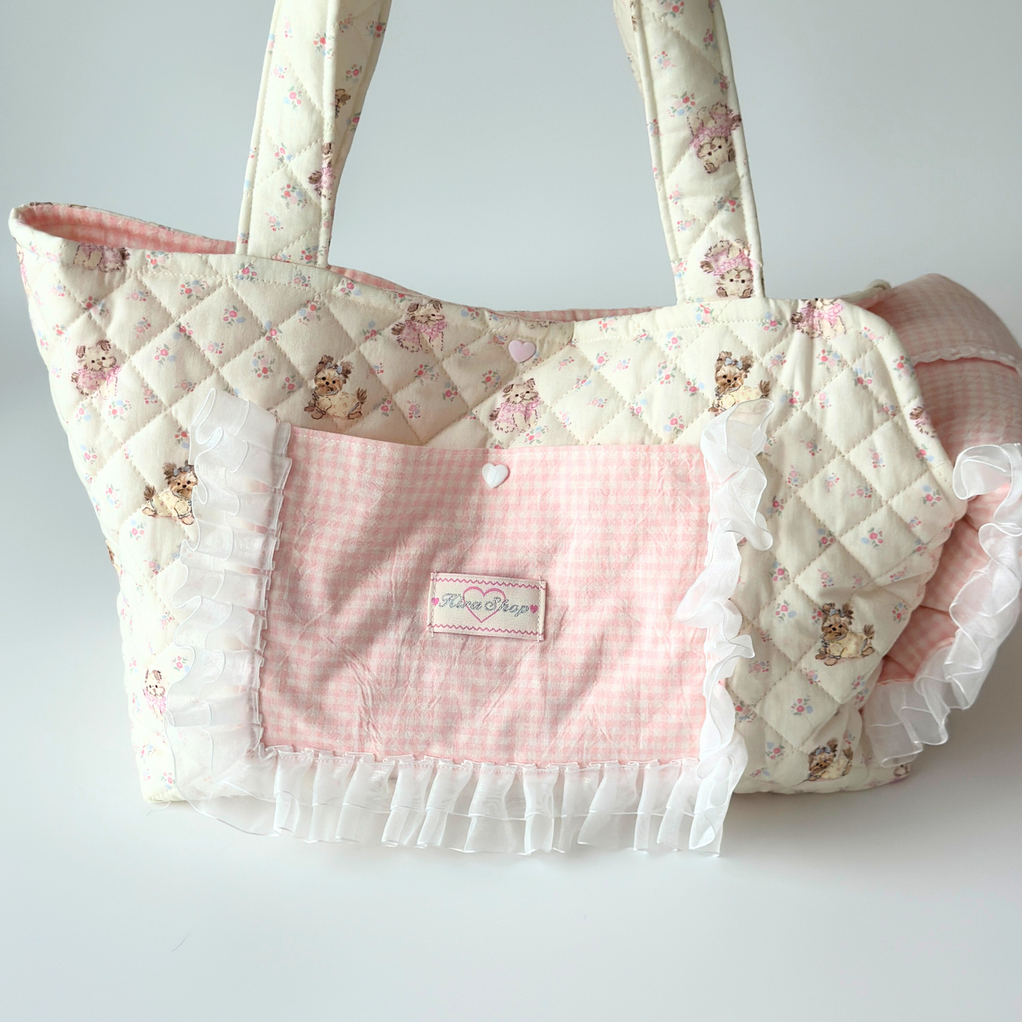 Handmade Quilted Pet Carrier Tote – Pastel Pink Dog Bag with Ruffle Lace and Teddy Print