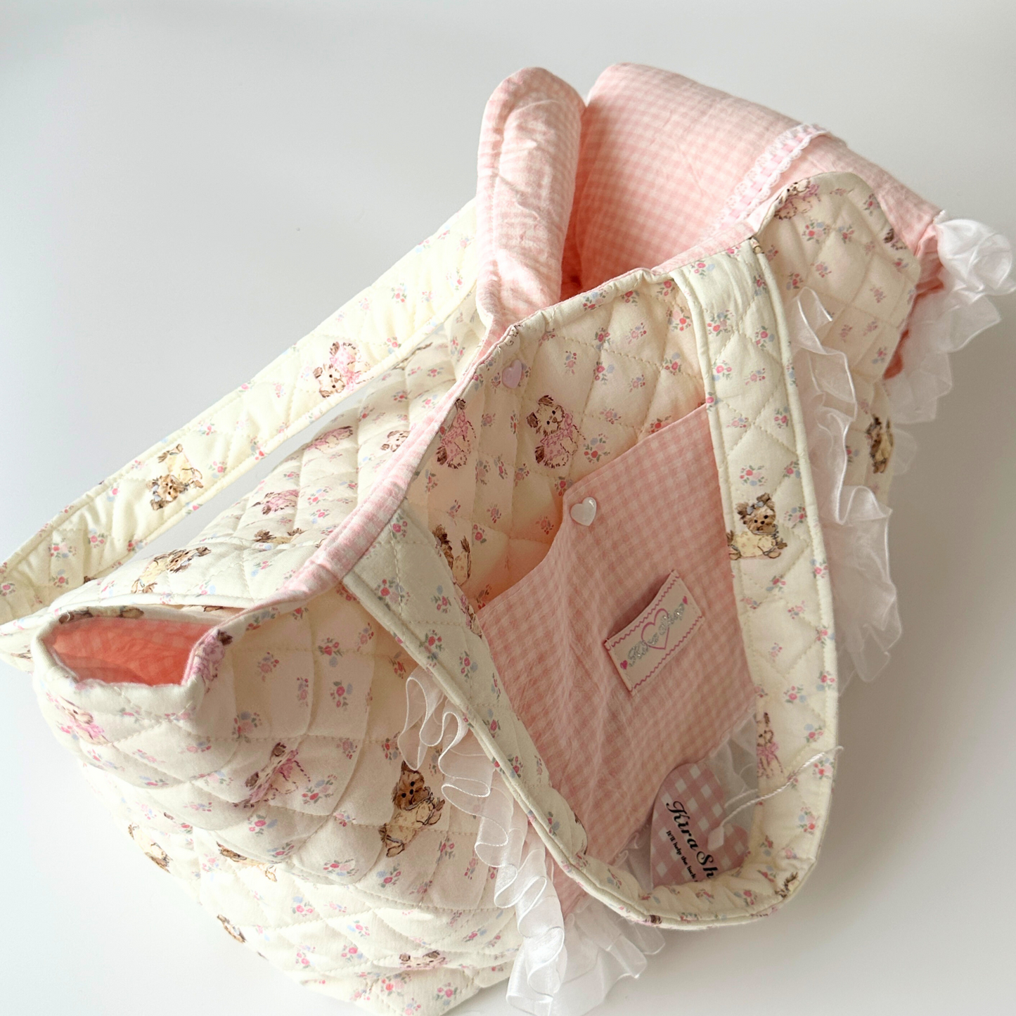Handmade Quilted Pet Carrier Tote – Pastel Pink Dog Bag with Ruffle Lace and Teddy Print