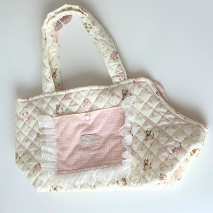 Handmade Quilted Pet Carrier Tote – Pastel Pink Dog Bag with Ruffle Lace and Teddy Print
