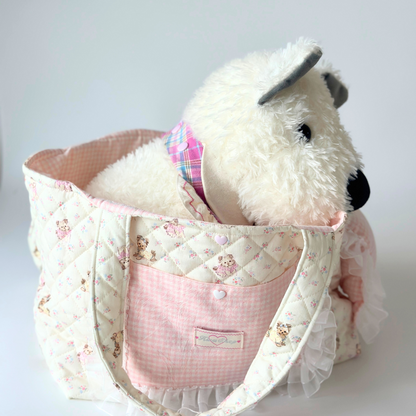 Handmade Quilted Pet Carrier Tote – Pastel Pink Dog Bag with Ruffle Lace and Teddy Print