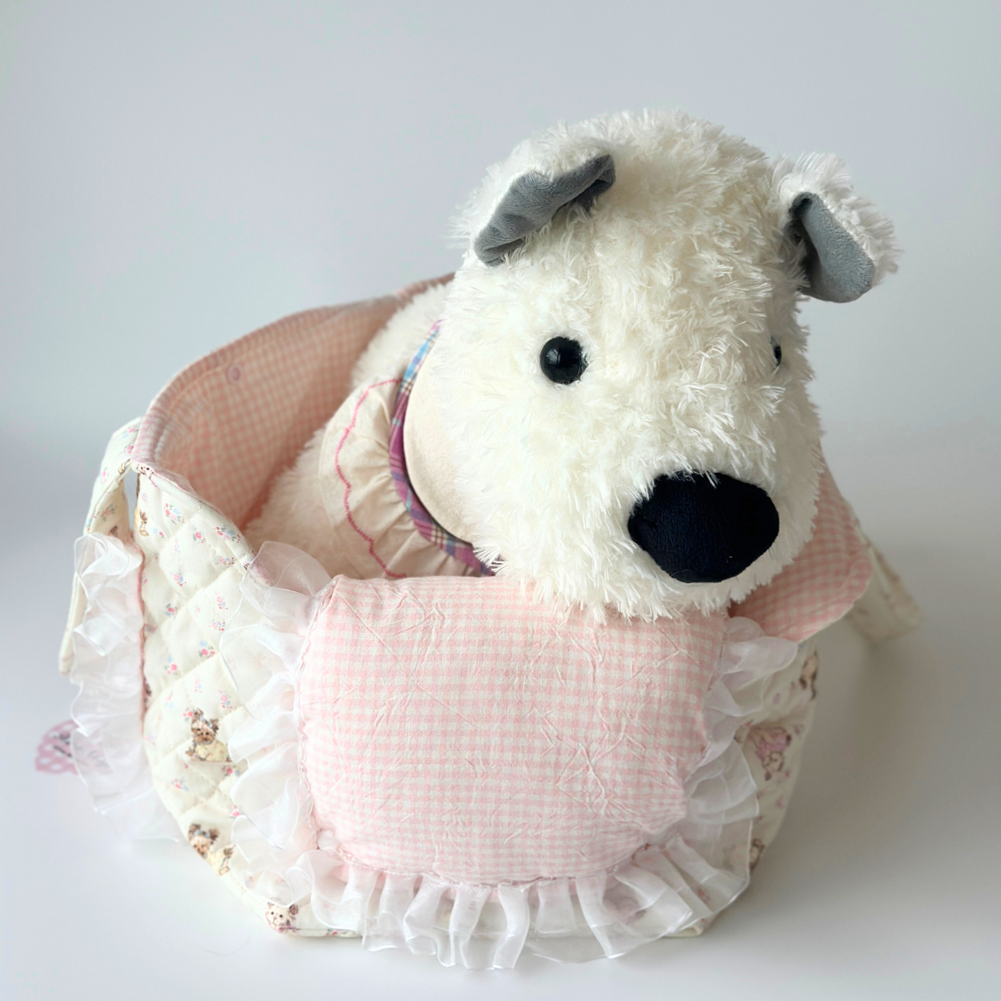 Handmade Quilted Pet Carrier Tote – Pastel Pink Dog Bag with Ruffle Lace and Teddy Print