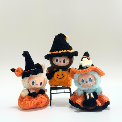 Handmade Pumpkin Witch Outfit for Labubu– Halloween Crochet Doll Dress & Hat