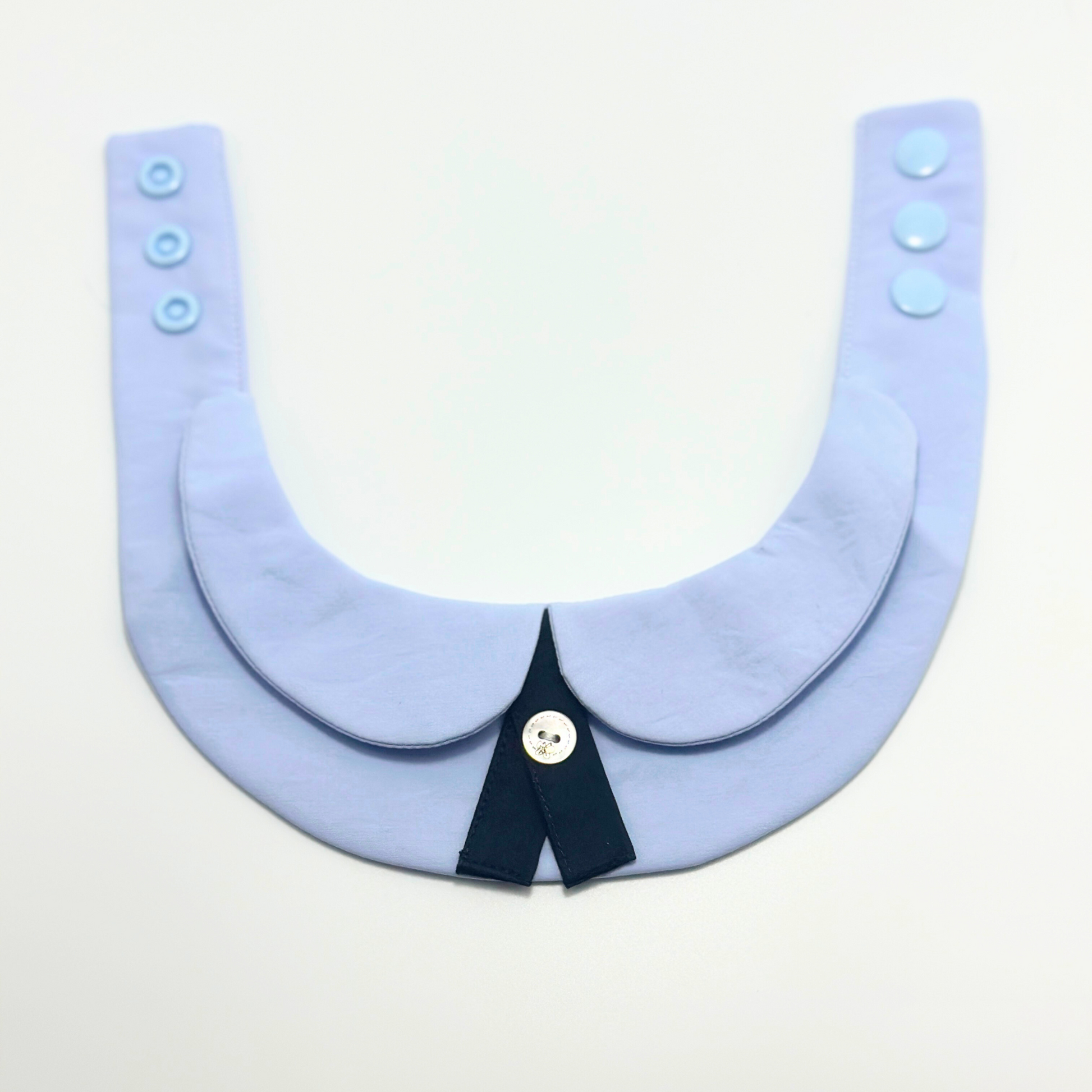Pet formal collar bib front display showing blue rounded collar design, navy tie accent and snap button adjustable sizing system