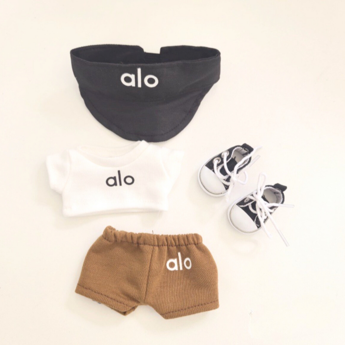 4 pieces alo branded labubu outfit set with black bucket hat, white hoodie, brown shorts and black sneakers