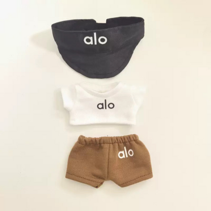 Alo branded labubu outfit set with black bucket hat, white hoodie and brown shorts for labubus 
