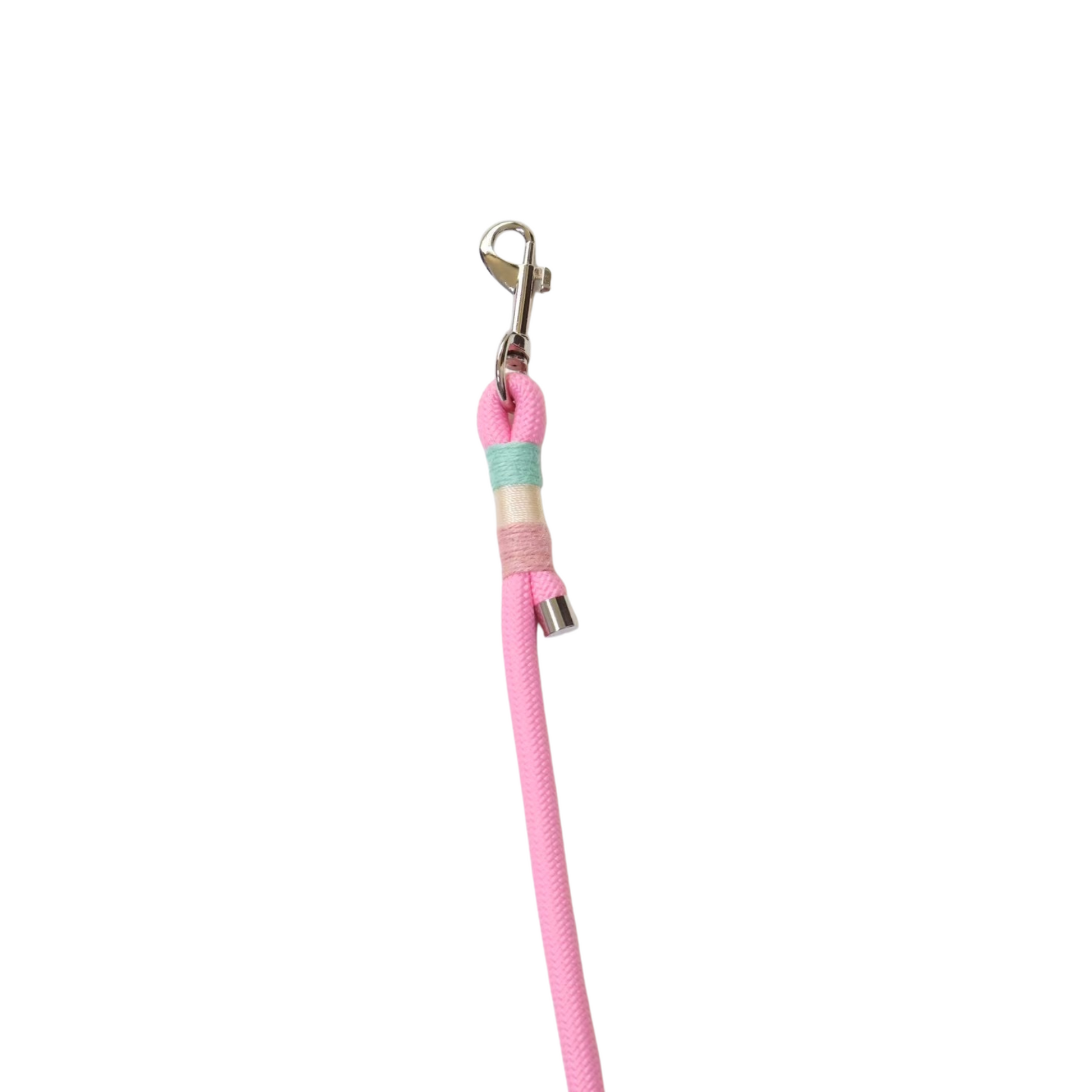 
A pink rope dog leash connector with colorful thread wrapping in mint green, cream, and pink sections, featuring metal clips on both ends