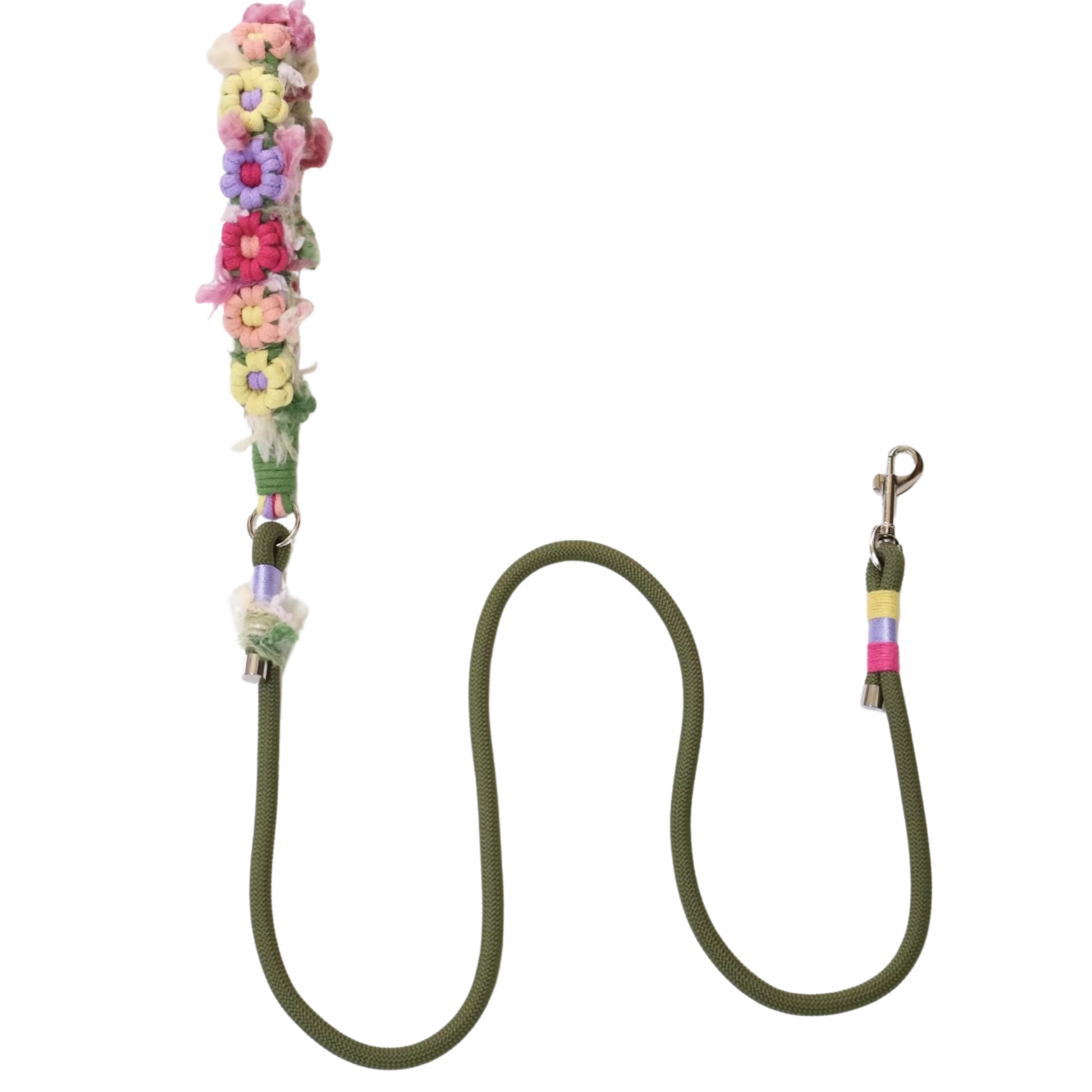 Olive green dog leash with colorful floral decorative sleeve featuring pink, blue, yellow and purple flowers with metal clasp