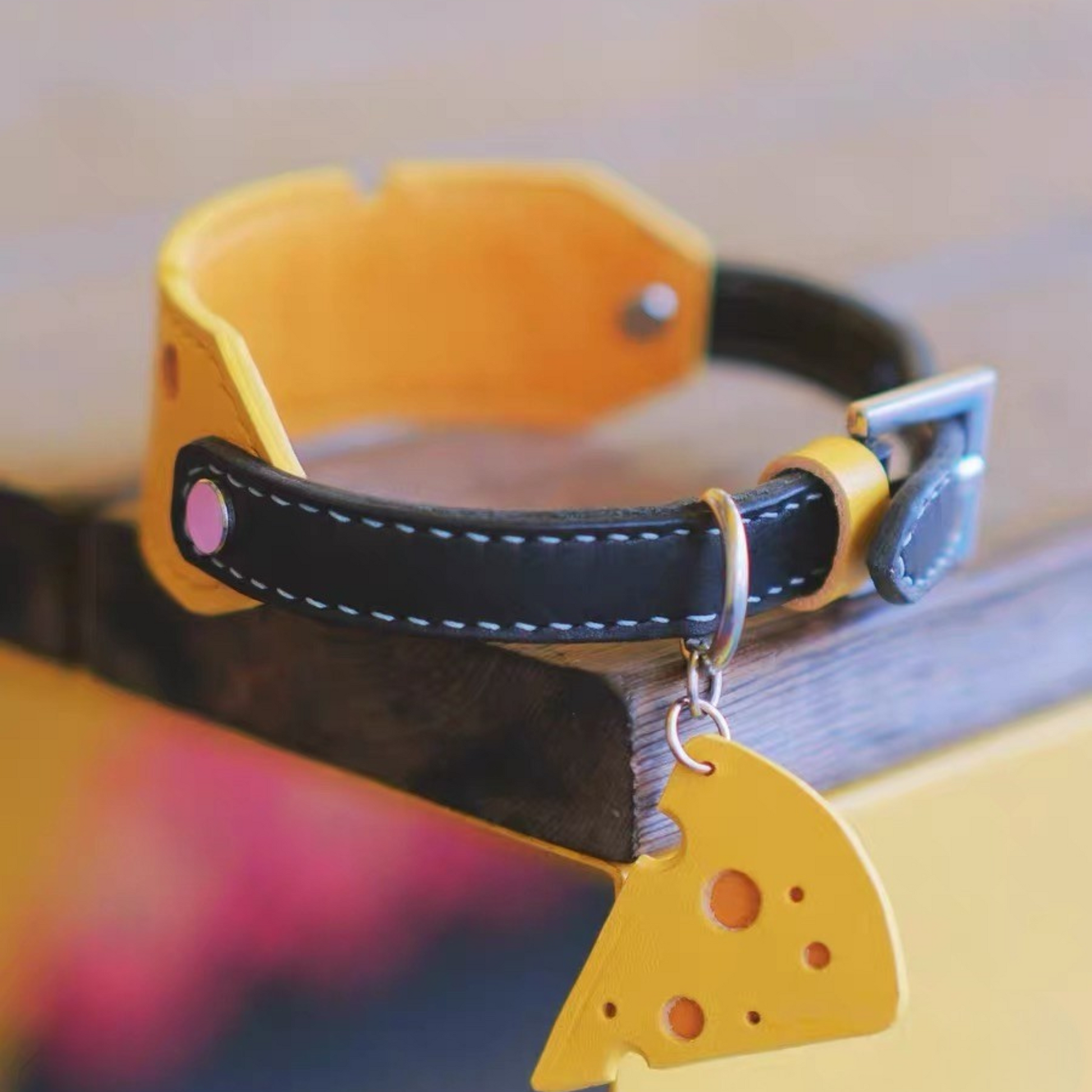 Premium leather pet collar in yellow and black with cheese charm - adjustable dog collar with decorative pendant
