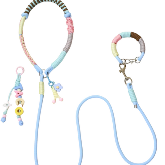 Handmade pastel wrapped rope dog leash set featuring multicolor collar with flower charm, matching wrist strap with key charm, letter beads accessory, and blue rope leash