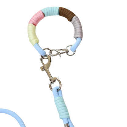 Close-up detail of handmade pastel dog leash with collar showing multicolor wrapped rope sections with metal clasp and key charm attachment, featuring pink, mint, brown, yellow, gray, and blue segments