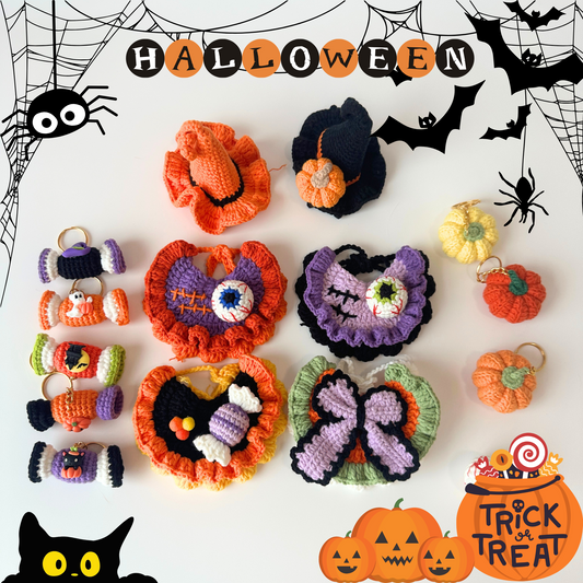 Collection of Halloween-themed crochet decorations on a white background with spider webs and pumpkins.