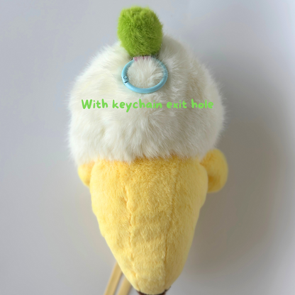 Complete back view of banana costume for Labub showing white fluffy top with green pompom, yellow body, and ribbon ties