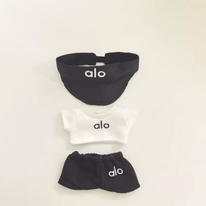 Alo branded labubu outfit set with black bucket hat, white hoodie and black shorts for doll accessories"