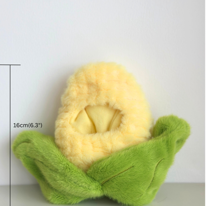 Labubu corn costume laid flat showing yellow fuzzy corn hood and green plush corn husk pieces separated - handmade vegetable-themed doll outfit components display