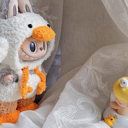Adorable Labubu doll dressed in dopamine-style duck hoodie outfit, handmade doll clothes