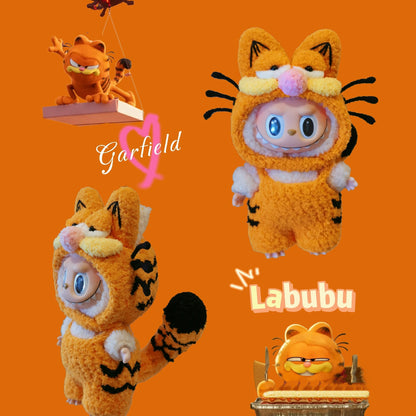 labubu outfit inspired by Garfield and Labubu on an orange background