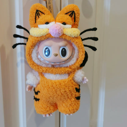 labubu in an orange tiger costume with black stripes on a neutral background