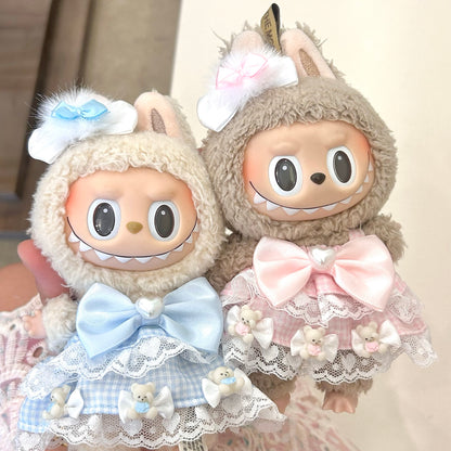 Labubu doll couple outfit set - matching sweet Lolita dresses in pastel blue and pink with white lace trim, satin bows and adorable bear details