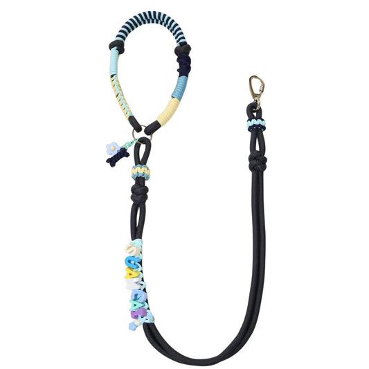 Custom pet leash with personalized name option, featuring handwoven colorful rope design in blue and yellow tones, decorative knots, and durable metal hardware