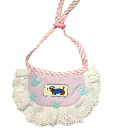 Dog bib bandana - Pink pet drool bib with ruffles for small dogs and cats, featuring embroidered dog design, eyelet lace trim, and adjustable tie