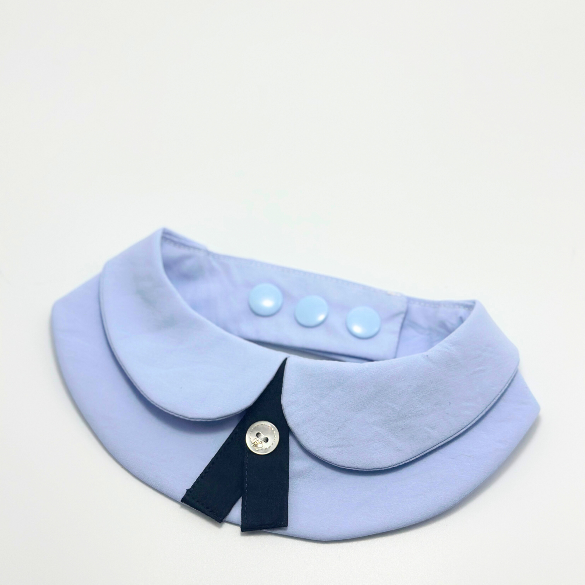 Pet formal collar bib in light blue with snap button closure, navy necktie detail and Peter Pan collar design for cats and small dogs