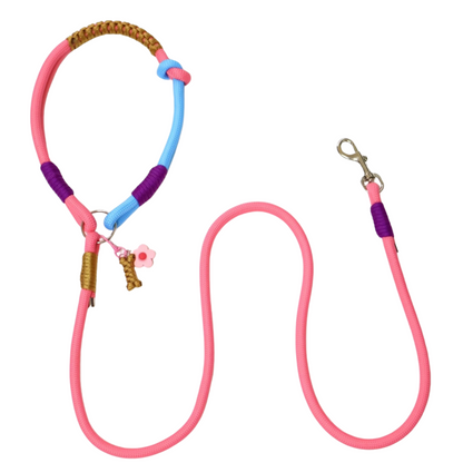 Pink slip lead dog leash with colorful rope handle featuring pink, purple, blue and brown paracord weaving, flower charm and bone charm attachments