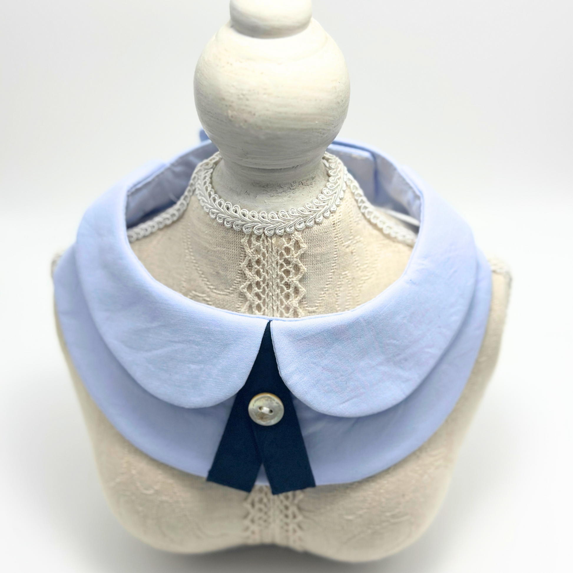 Pet accessories formal bib collar with white Peter Pan collar design, navy necktie and pearl button for small dogs and cats