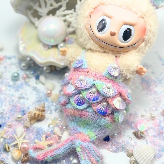 Rainbow mermaid costume for Labubu doll with iridescent sequin scales and holographic shell details - kawaii collectible doll clothing with fuzzy pastel tail