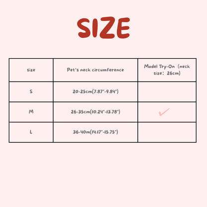 Size chart for pet accessories with neck circumference measurements and a model try-on checkmark.