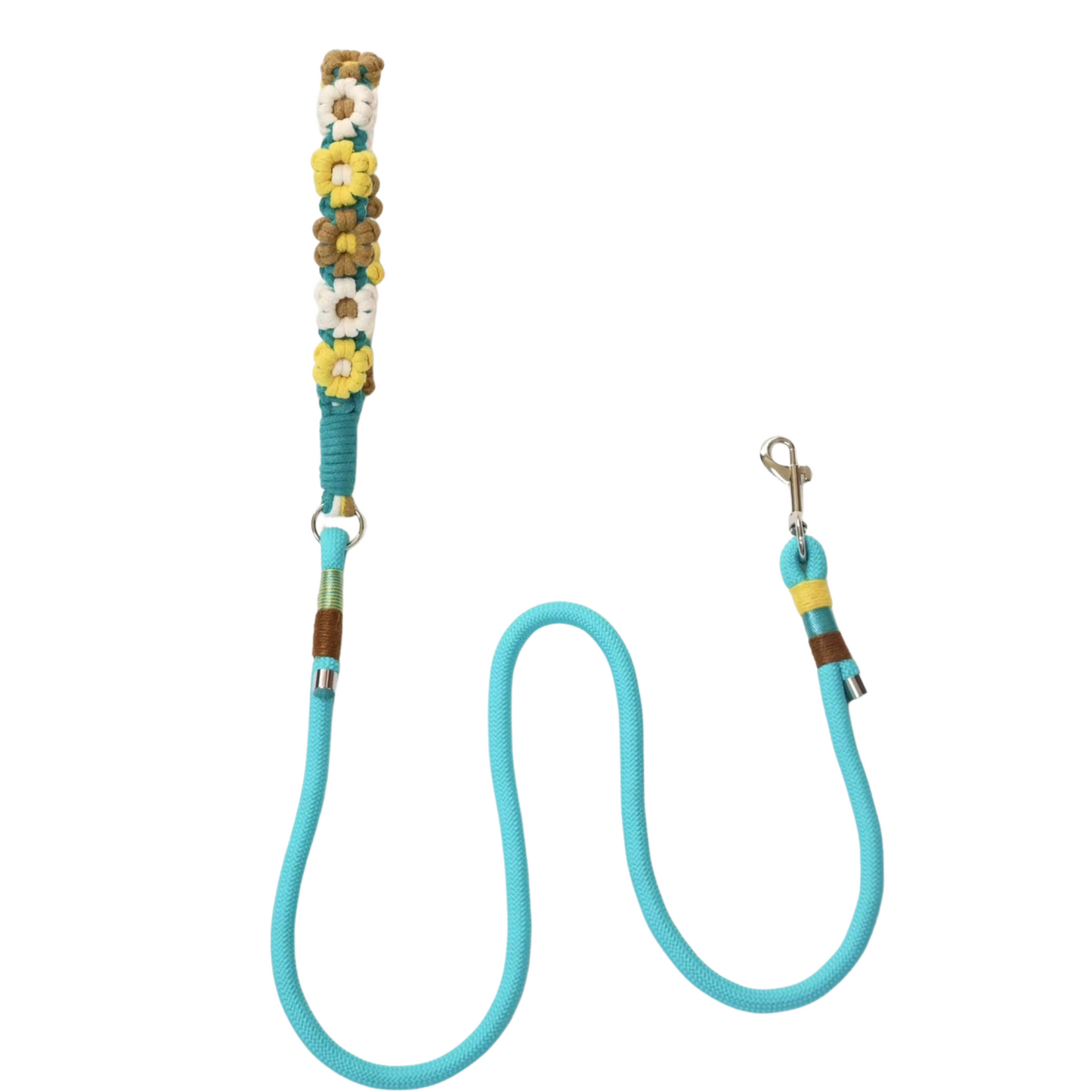A turquoise dog leash with handle decorated with artificial flowers in yellow, white, brown, and teal colors resembling sunflowers and daisies, featuring metal clips and colorful rope wrapping