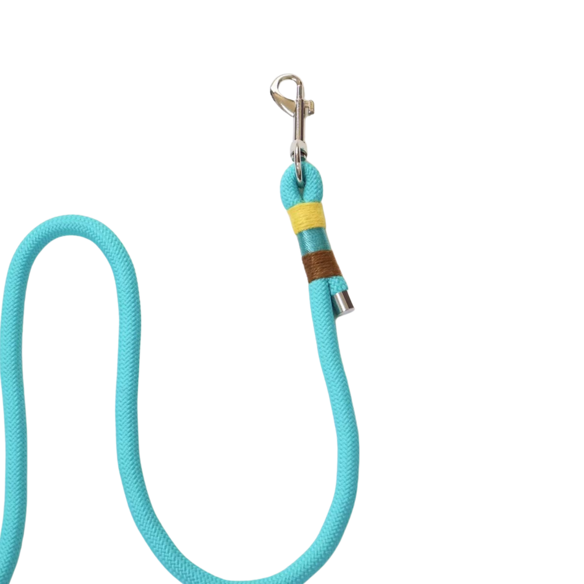A turquoise rope dog leash with decorative thread wrapping in yellow, teal, and brown sections near the metal clip, showing the connector detail and rope texture