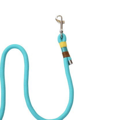 A turquoise rope dog leash with decorative thread wrapping in yellow, teal, and brown sections near the metal clip, showing the connector detail and rope texture